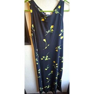 JALATE Womens 6 Black Yellow Green Floral Maxi V-Neck Sleeveless A-Line Poly